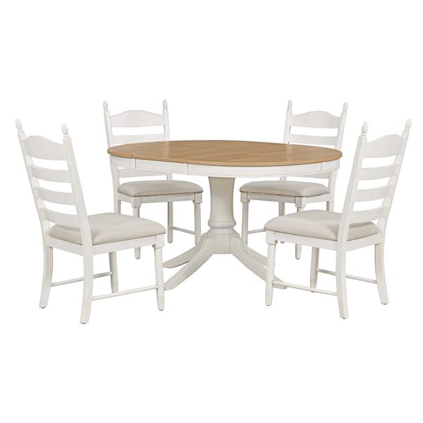 5-Piece Retro Functional Dining Table Set Wood Round Extendable Dining Table and 4 Upholstered Dining Chairs (Off White)