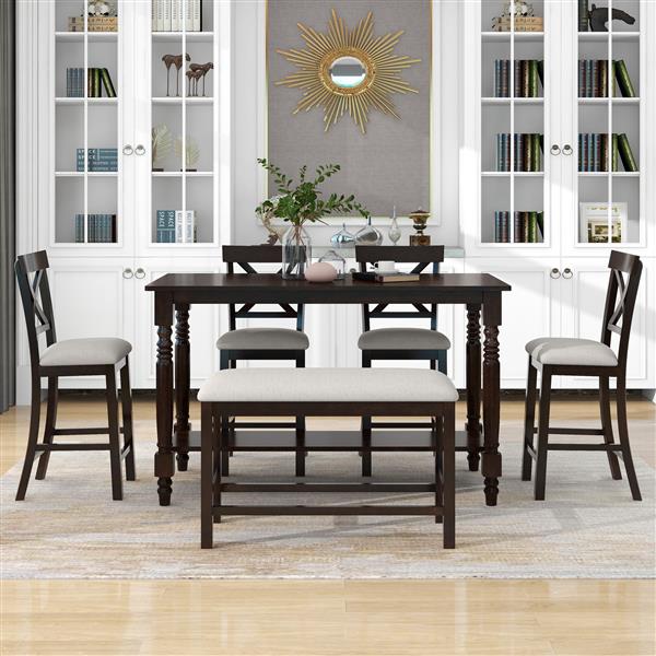 6-Piece Counter Height Dining Table Set Table with Shelf 4 Chairs and Bench for Dining Room (Espresso)