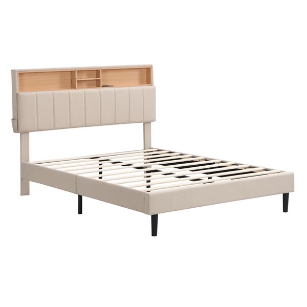 Full size Upholstered Platform Bed with Storage Headboard and USB Port,  Linen Fabric Upholstered Bed (Beige)