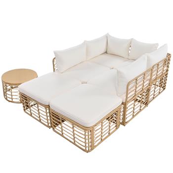 7 Pieces Outdoor Patio Furniture, All-Weather Rattan Sectional Sofa Set with Thick Cushions and Pillows, Freely Combined Conversation Sets for Garden, Backyard, Balcony, Beige