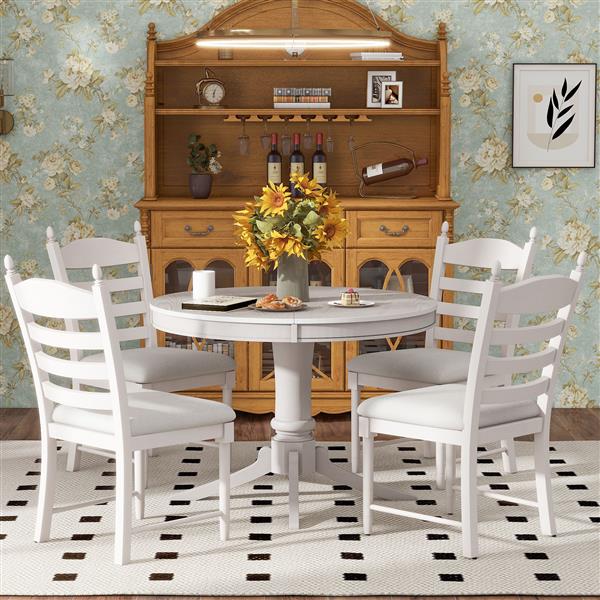 5-Piece Retro Functional Dining Table Set Wood Round Extendable Dining Table and 4 Upholstered Dining Chairs (Antique White)