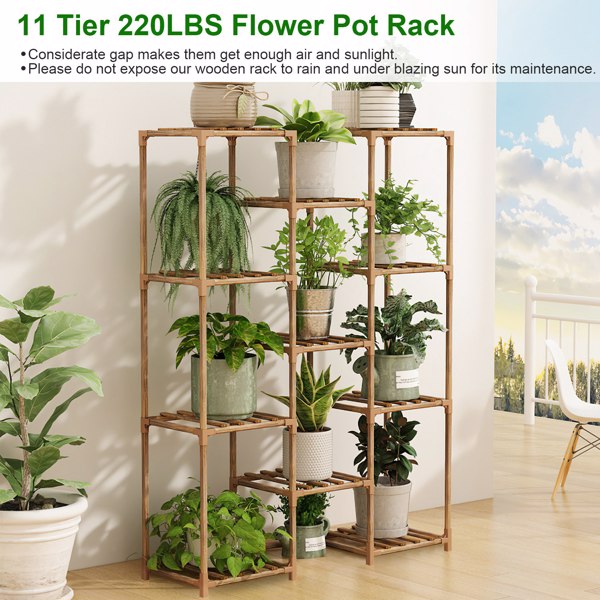 Multi-tier Wooden Plant Stand 11 Potted Flower Display Shelf Rack Vase Holder for Patio Balcony Garden（No shipments on weekends）