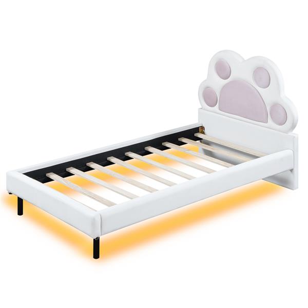 Twin Size Upholstered Platform Bed with Animal Paw Shaped Headboard and LED, Pink