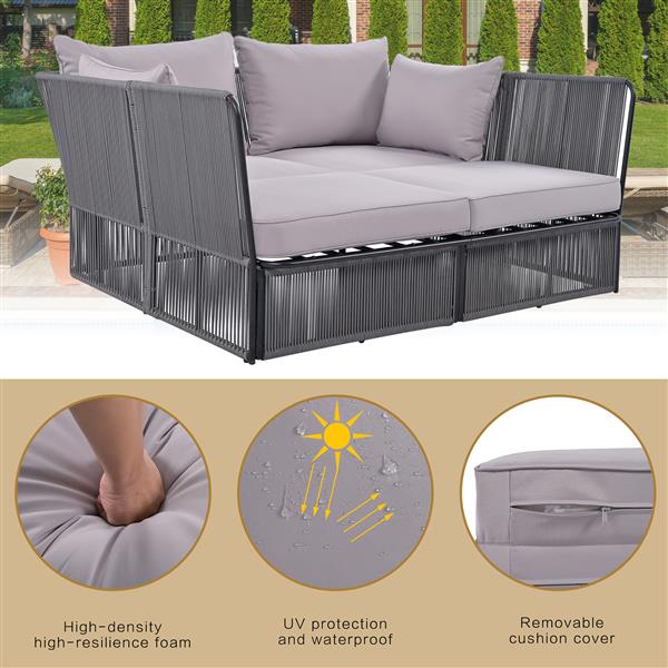 2-Piece Outdoor Sunbed and Coffee Table Set, Patio Double Chaise Lounger Loveseat Daybed with Clear Tempered Glass Table for the patio, poolside (Grey Cushion + Dark Grey Rope)