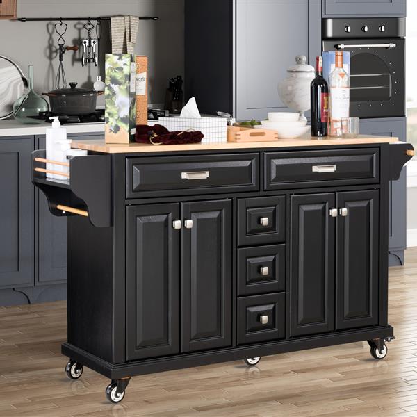 Kitchen Island with Rubber wood Countertop, Kitchen Cart on 5 Wheels with Storage Cabinet and 5 Drawers for Dinning Room, Black