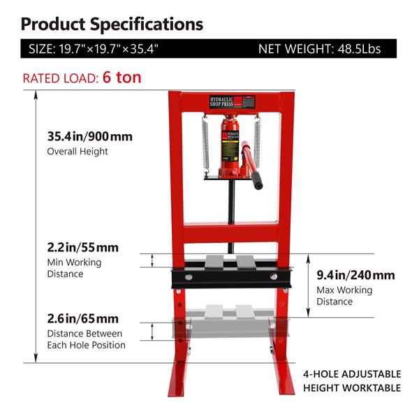 Hydraulic 6 Ton H-Frame Garage Floor Adjustable Shop Press with Plates, 6T, Red