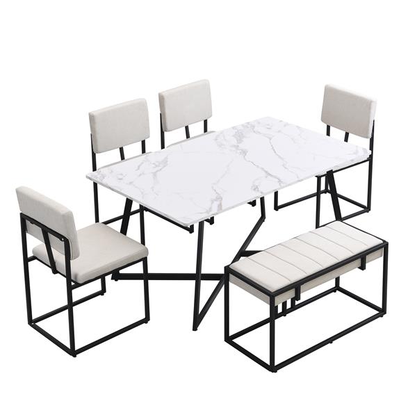 Modern Faux Marble 6-Piece Dining Table Set,60inch Metal Kitchen Table Set with Upholstered Dining Chairs and Bench, Black