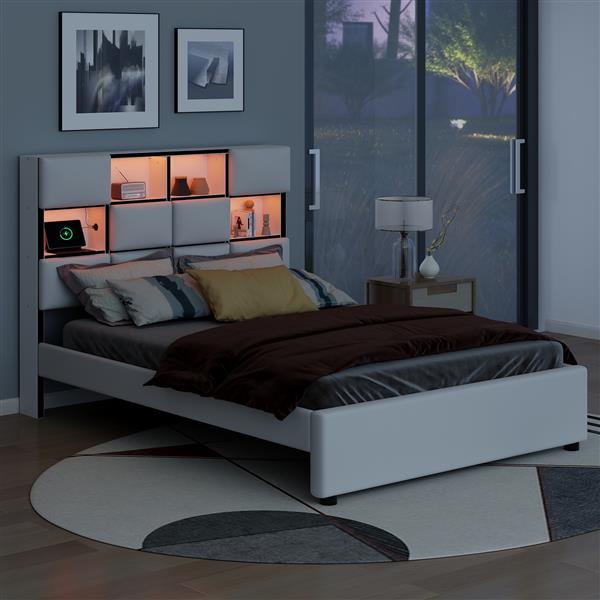 Full Size Upholstered Platform Bed with LED, Storage and USB, Beige