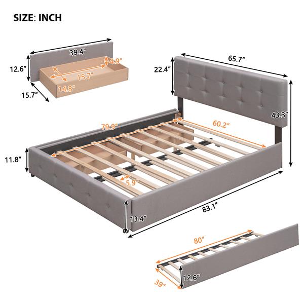 Upholstered Platform Bed with 2 Drawers and 1 Twin XL Trundle,  Linen Fabric, Queen Size - Light Gray