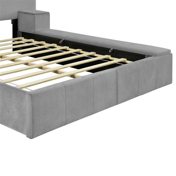 Queen Size Upholstered Platform Bed with Lateral Storage Compartments and Thick Fabric, Velvet, Gray