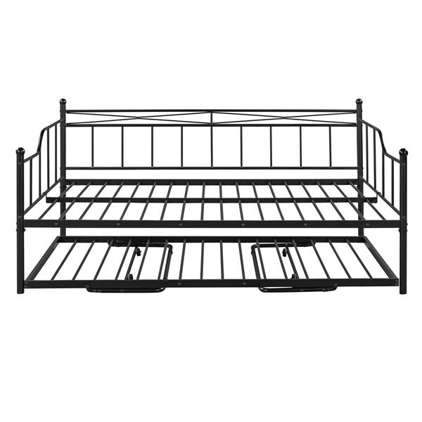 Full Size Metal Daybed with Twin Size Adjustable Trundle, Portable Folding Trundle, Black