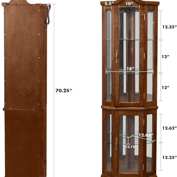 Corner Curio Cabinet with Lights, Adjustable Tempered Glass Shelves, Mirrored Back, Display Cabinet,Walnut(E26 light bulb not included)