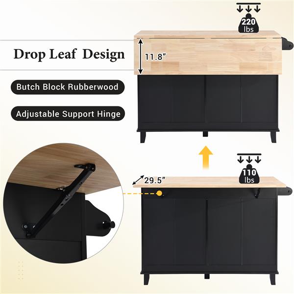 Farmhouse Kitchen Island Set with Drop Leaf and 2 Seatings,Dining Table Set with Storage Cabinet, Drawers and Towel Rack, Black+Rustic Brown