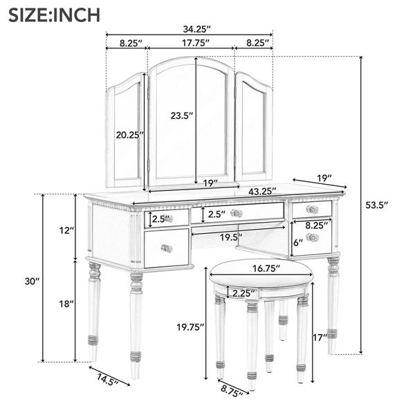 43" Dressing Table Set with Mirrored Drawers and Stool, Tri-fold Mirror, Makeup Vanity Set for Bedroom, Gold