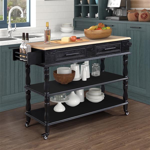 56 inch Rolling Kitchen Island with Storage,Kitchen Cart with Solid OAK Wood Top,Two-sided Kitchen island Cart on Wheels , Wine and Spice Rack, Large Kitchen Cart with 2 Drawers, Black+Natural Top