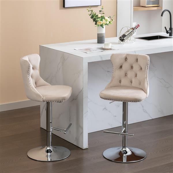 Swivel Velvet Barstools Adjusatble Seat Height from 25-33 Inch, Modern Upholstered Chrome base Bar Stools with Backs Comfortable Tufted for Home Pub and Kitchen Island,  Beige,Set of 2