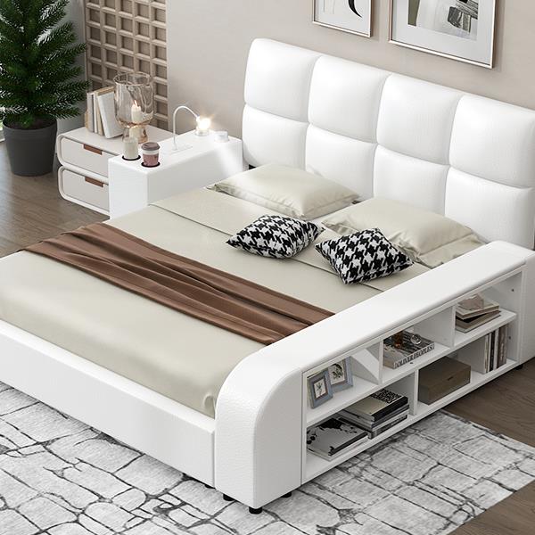 Queen Size Upholstered Platform Bed with Multimedia Nightstand and Storage Shelves, White