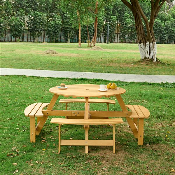 Outdoor 8 Person Picnic Table, 8 person Round Picnic Table with 4 Built-in Benches, Umbrella Hole, Outside Table and Bench Set for Garden, Backyard, Porch, Patio,  Natural