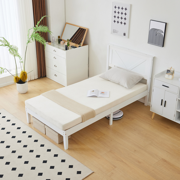 Twin Size Solid Wood Platform Bed Frame with Headboard White