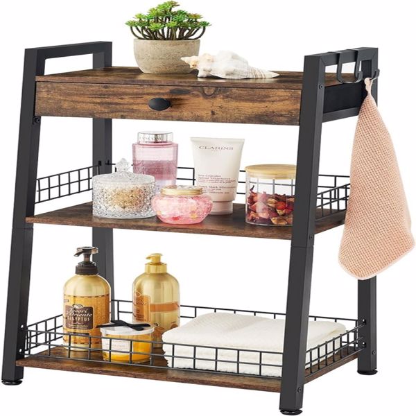 4-Tier Bathroom Ladder Shelf with Drawer, Bathroom Floor Storage Shelf, Freestanding Tower Shelf Ladder Bookshelf for Living Room, Bathroom, Bedroom -Rustic Brown