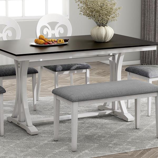 Mid-Century 6-Piece Trestle Table Set with Victorian Round Upholstered Dining Chairs and Long Bench, Gray+Antique White