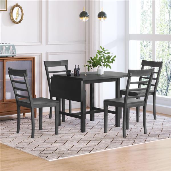 5-Piece Wood Square Drop Leaf Breakfast Nook Extendable Dining Table Set with 4 Ladder Back Chairs for Small Places, Gray