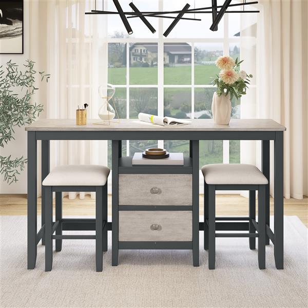 Farmhouse Rustic 3-piece Counter Height Wood Dining Table Set with Cabinet,2 Storage Drawers and 2 Stools for Small Places, Gray and Distressed Light Gray