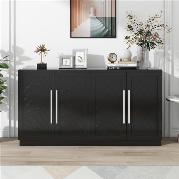 Sideboard with 4 Doors Large Storage Space Buffet Cabinet with Adjustable Shelves and Silver Handles for Kitchen, Dining Room, Living Room (Black)