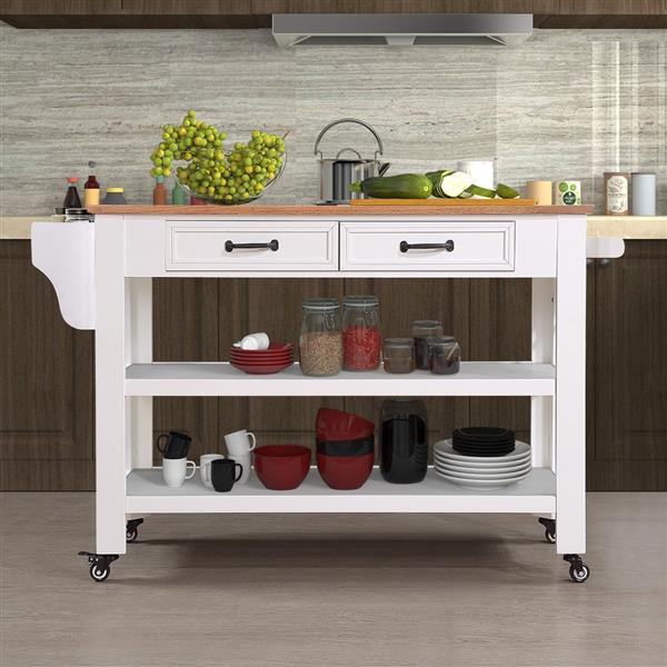 57 inch Rolling Kitchen Island with Storage,Kitchen Cart with Solid OAK Wood Top,Two-sided Kitchen island Cart on Wheels ,Wine and Spice Rack, Large Kitchen Cart with 2 Drawers, Milk White+Natural Top