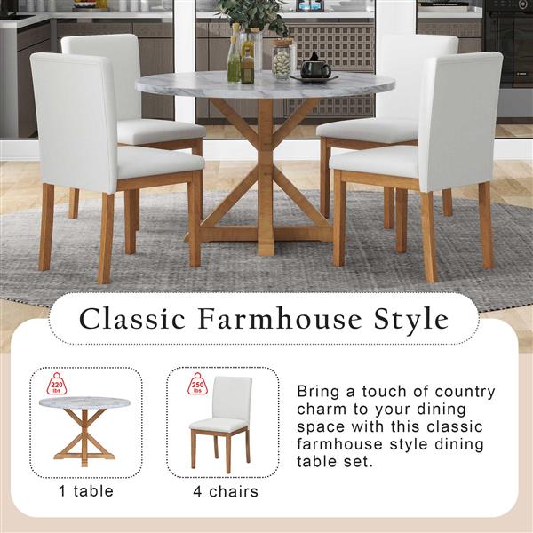 5-Piece Farmhouse Style Dining Table Set, Marble Sticker and Cross Bracket Pedestal Dining Table, and 4 Upholstered Chairs (White+Walnut)