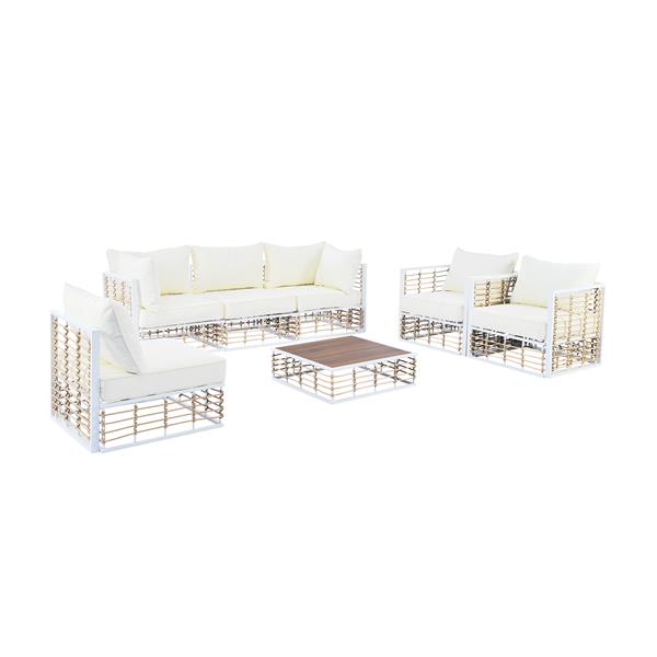 Modern Minimalist 7-Piece Metal Patio Sectional Sofa Set, All-Weather Garden Conversational Furniture Set with Thick Cushions and Coffee Table for Indoor Outdoor, White