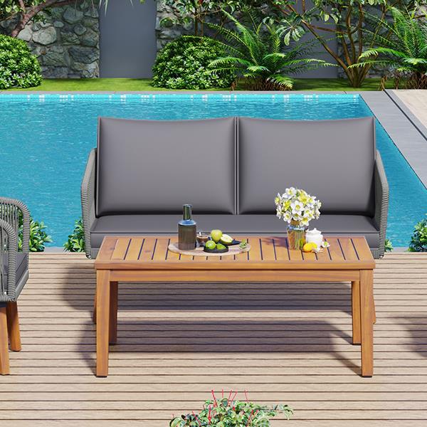 4-Piece Patio Conversation Set, Solid Wood Loveseat, 2 Chairs and Table, Outdoor Conversation Group with Cushions for Backyard, Poolside, Garden (Dark Grey Cushion + Grey Rope)