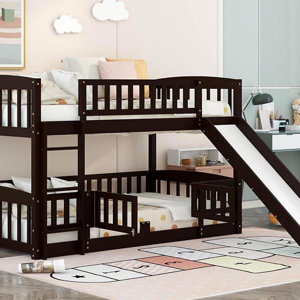 Bunk Bed with Slide,Twin Over Twin Low Bunk Bed with Fence and Ladder for Toddler Kids Teens Espresso