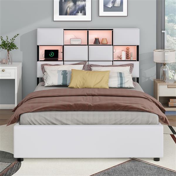 Full Size Upholstered Platform Bed with LED, Storage and USB, Beige