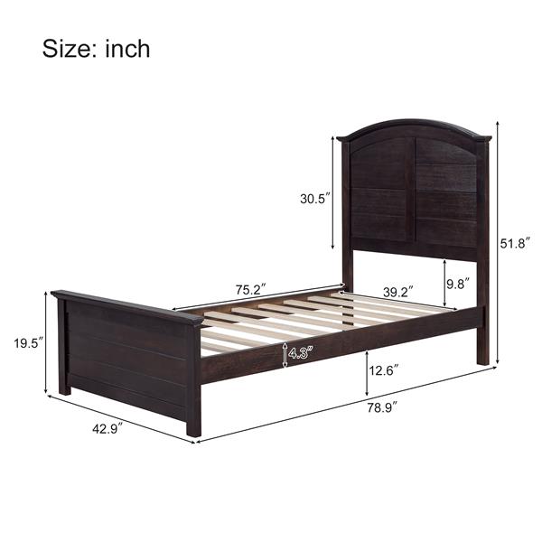 Farmhouse Wooden Platform Twin Size Bed with Curl Design Headboard and Footboard for Teenager, Espresso