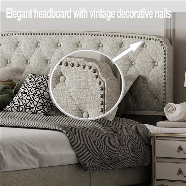 King size Adjustable Headboard with Fine Linen Upholstery and Button Tufting for Bedroom,  Wave Top  cream White