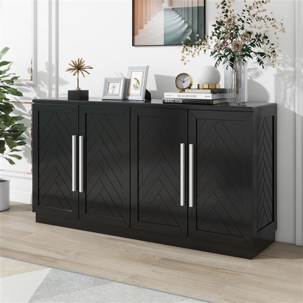 Sideboard with 4 Doors Large Storage Space Buffet Cabinet with Adjustable Shelves and Silver Handles for Kitchen, Dining Room, Living Room (Black)