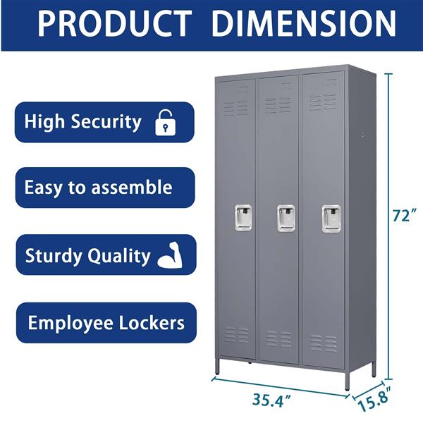 3 Door 72"H Metal Lockers With Lock for Employees,Storage Locker Cabinet  for Home Gym Office School Garage,Gray