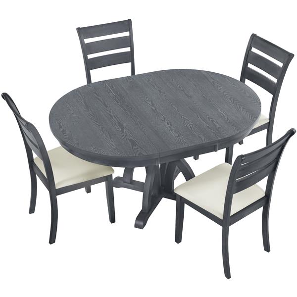 5-Piece Farmhouse Round Pedestal Extending Dining Table Set Extendable Kitchen Table Set with 15.8" Removable Leaf and Ladder Back Dining Chairs for Small Places, Black