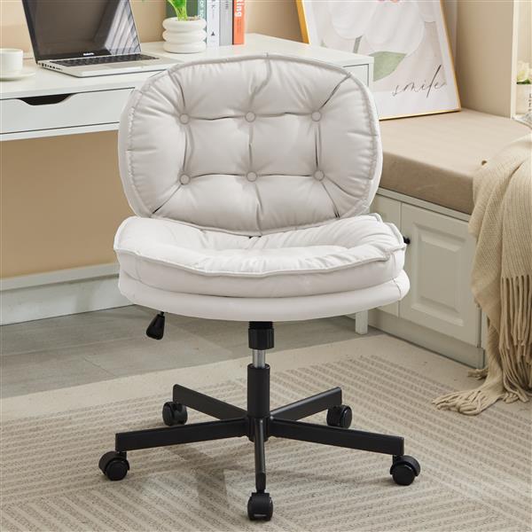 Armless-Office Desk Chair with Wheels: PU Leather Cross Legged Wide Chair,Comfortable Adjustable Swivel Computer Task Chairs for Home,Office,Make Up,Small Space,Bed Room