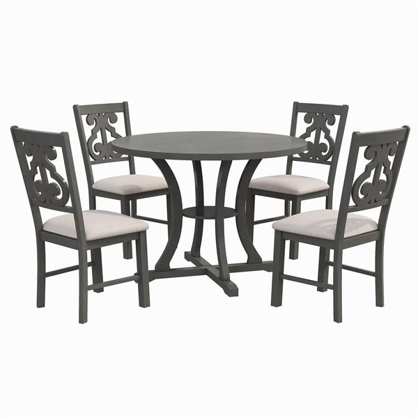 5-Piece Round Dining Table and Chair Set with Special-shaped Legs and an Exquisitely Designed Hollow Chair Back for Dining Room (Gray)