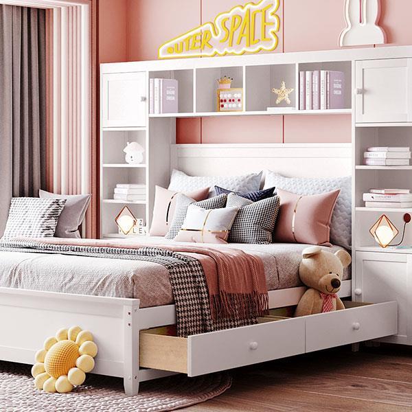 Full Size Wooden Bed With All-in-One Cabinet and Shelf, White