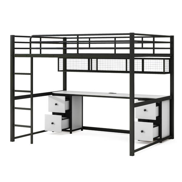 Full Size Metal Loft Bed with Desk, Drawers and Bedside Tray, Charging Station, USB and socket