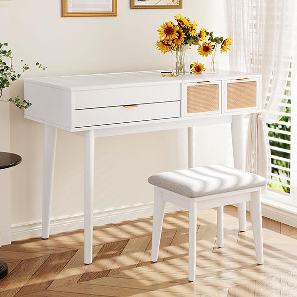 43.3" Classic Wood Makeup Vanity Set with Flip-top Mirror and Stool, Dressing Table with Three Drawers and storage space, White