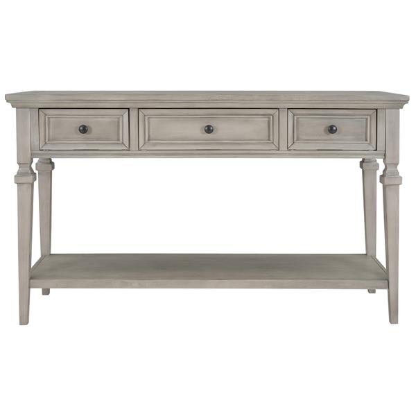 Classic Retro Style Console Table with Three Top Drawers and Open Style Bottom Shelf, Easy Assembly (Gray Wash)