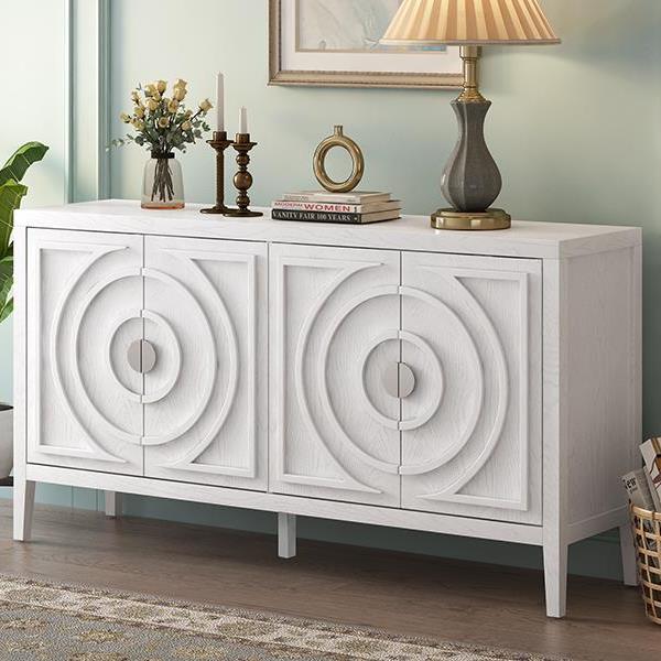 Retro Sideboard door with Circular Groove Design Round Metal Door Handle for Entrance, Dinning Room, Living Room (White)