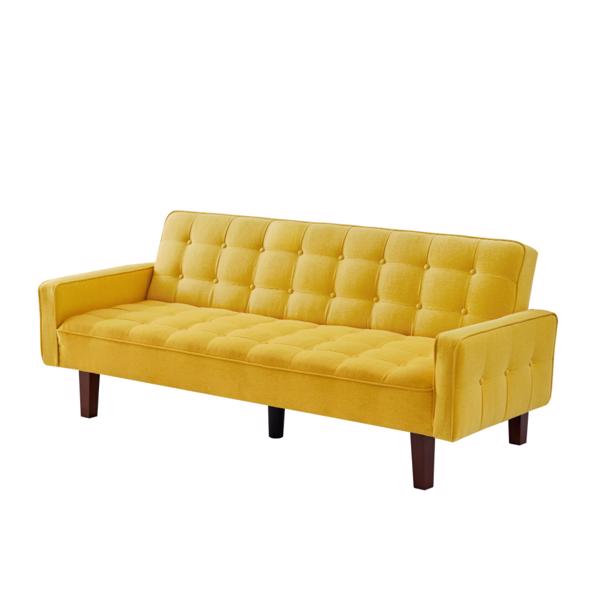 Yellow, Linen Futon Sofa Bed 73.62 Inch Fabric Upholstered Convertible Sofa Bed, Minimalist Style for Living Room, Bedroom.