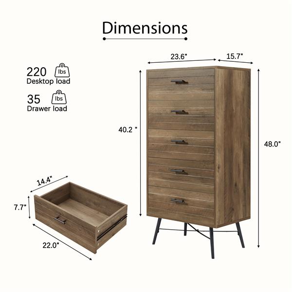 5-Drawer Chest - Spacious and Stylish Chest of Drawers,  Dresser for Bedroom, Closet, Hallway, 23.6"W x 15.7"D x 48"H, Rustic Walnut