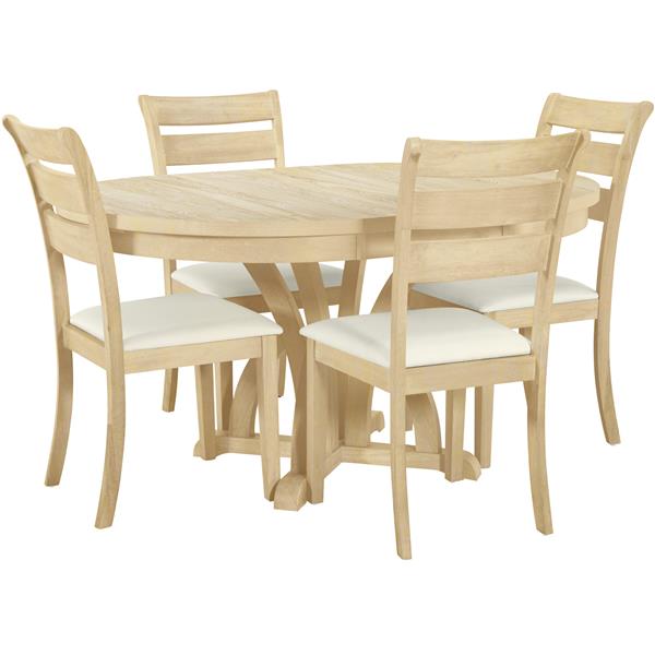 5-Piece Farmhouse Round Pedestal Extending Dining Table Set Extendable Kitchen Table Set with 15.8" Removable Leaf and Ladder Back Dining Chairs for Small Places, Natural