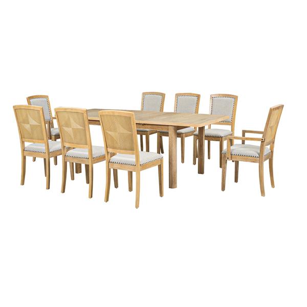 Rustic Extendable 84inch Dining Table Set with 24inch Removable Leaf , 6 Upholstered Armless Dining Chairs and 2 Padded Arm Chairs, 9 Pieces, Natural